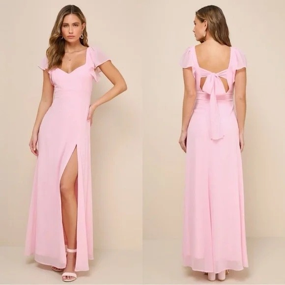 Lulus Dresses & Skirts - Lulus Simply Delightful Pink Tie-Back Flutter Sleeve Maxi Dress Size 2X
